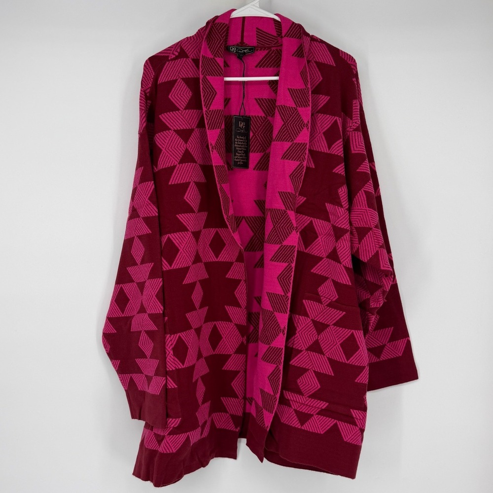 Diane Gilman DG2 Pink Burgundy Geometric Knit Open Front Cardigan Sweater 3X NEW